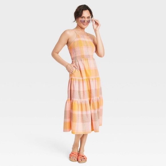 Women's Sleeveless Smocked Linen Midi Sundress - Universal Thread™ Orange - Picture 2 of 3